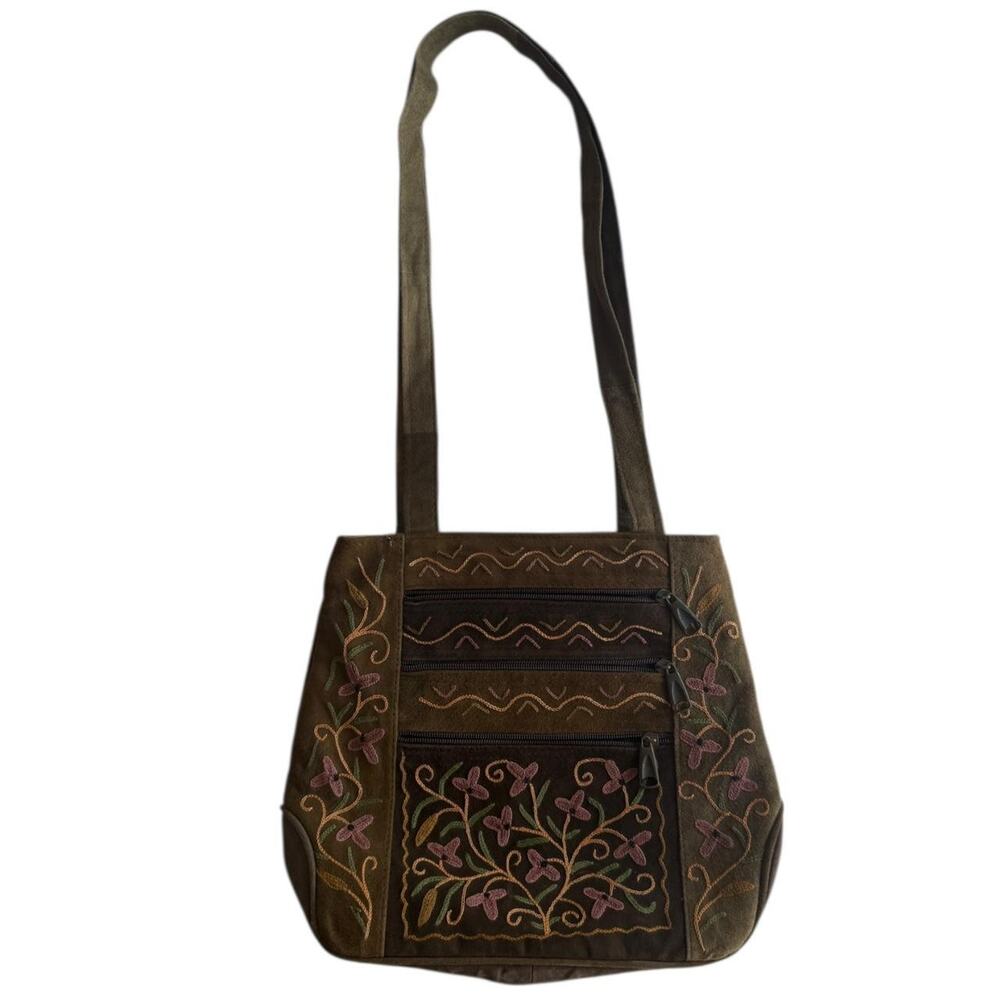 Vintage boho Brown olive suede floral embroidered shoulder bag - Picture 3 of 5
